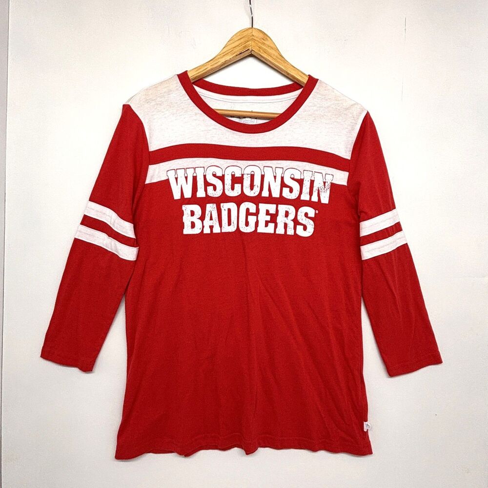 Wisconsin Badgers T Shirt Red White LS Bucky Football NCAA Stadium Women's L